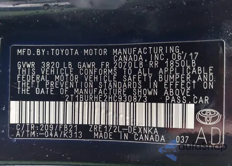 2017 Toyota Corolla Le from USA, damaged, VIN 2T1BURHE2HC930873